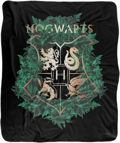 Miniatura 2 de Manta de Harry Potter, 50 x 60 pulgadas, Hogwarts Green and Gold Floral Crest Silky Touch Sherpa Back Manta súper suave
