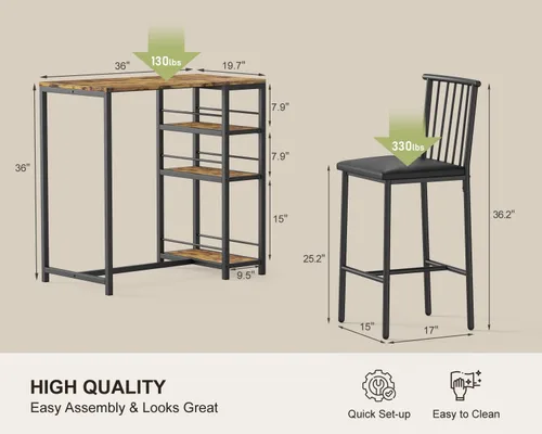 Miniatura 6 de Gizoon Juego de mesa de comedor para 2 personas con 3 estantes de almacenamiento, mesa de cocina y sillas para 2 personas con cojín de poliuretano