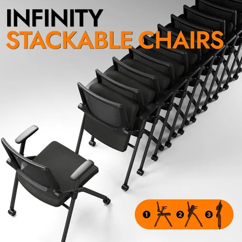 Miniatura 11 de Juego de 2 sillas de oficina plegables con ruedas de PU, malla ergonómica con respaldo elástico, silla apilable para sala de conferencias, silla
