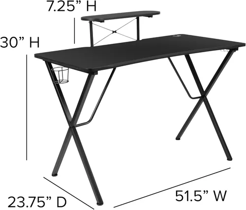 Miniatura 6 de Flash Furniture Juego de escritorio para juegos negro y silla de carreras blanco/negro con soporte para tazas, gancho para auriculares y soporte