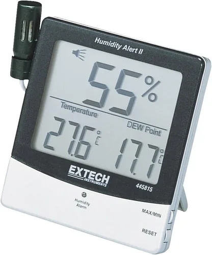 Extech 445815 higro-termómetro de alerta de humedad con punto de rocío, monitor digital de humedad con alarmas programables, memoria máxima/mínima y