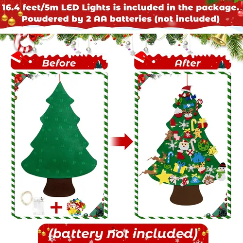 Miniatura 4 de TonJin Juego de árbol de Navidad de fieltro para niños pequeños con cadena de luces LED de 16.4 ft/16.4 pies, 3.2 pies/38.6 in para colgar