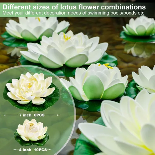 Miniatura 3 de 16 flores flotantes artificiales para piscina, 7 y 4 pulgadas, almohadillas de lirio de agua falsas, flores de loto, decoraciones flotantes