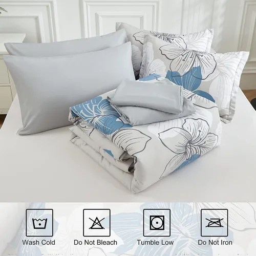 Miniatura 7 de Luxudecor Juego de edredón floral tamaño individual, 6 piezas de cama en una bolsa, edredón floral azul y juego de sábanas, juego de ropa de cama