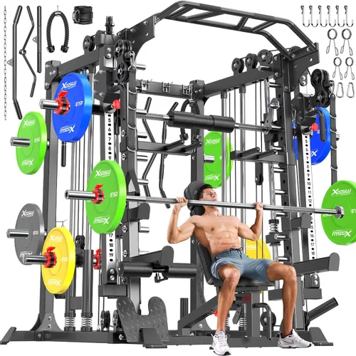 Miniatura 18 de Máquina Smith con sistema de cruce de cables, jaula de potencia multifunción para sentadillas y rack de potencia para gimnasio en casa, rack de Negro