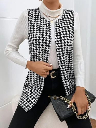 Miniatura 3 de WDIRARA Chaleco elegante sin mangas con pata de gallo abierto para mujer, abrigo largo