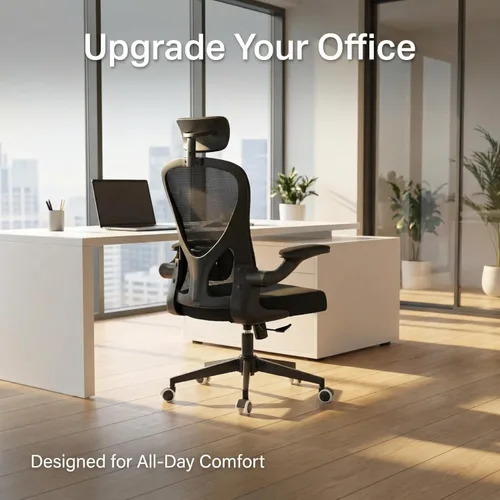 Miniatura 49 de Silla de oficina ergonómica con soporte lumbar, silla de escritorio de malla de respaldo alto con brazos abatibles, silla de trabajo ajustable
