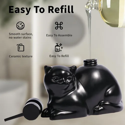 Miniatura 3 de Dispensador de jabón con forma de gato negro, dispensador de jabón de cerámica divertido, aceite esencial recargable de 15 onzas, dispensador