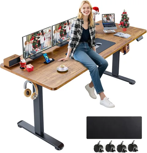 Miniatura 12 de farexon Escritorio eléctrico de pie de altura ajustable, escritorio de pie de 55 x 24 pulgadas con alfombrilla grande para el mouse, ruedas Negro