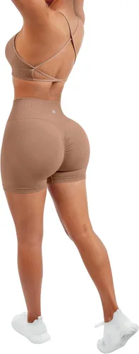 Miniatura 4 de SUUKSESS Conjuntos de entrenamiento sin costuras para mujer, sujetador deportivo con tiras y cintura alta, pantalones cortos