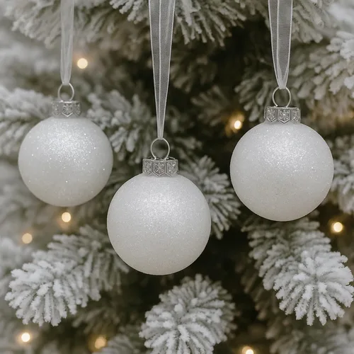 Sleetly - Adornos blancos para árbol de Navidad de estilo casa de campo, decoración navideña, bolas de nieve con purpurina de 2.36 pulgadas de