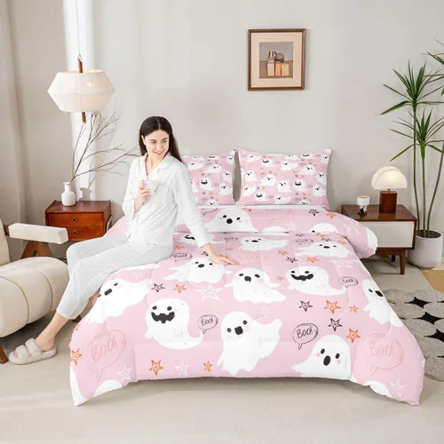 Miniatura 5 de Feelyou Juego de edredón de Halloween, color rosa fantasma, juego de ropa de cama tamaño individual, decoración para niños y niñas, lindo juego