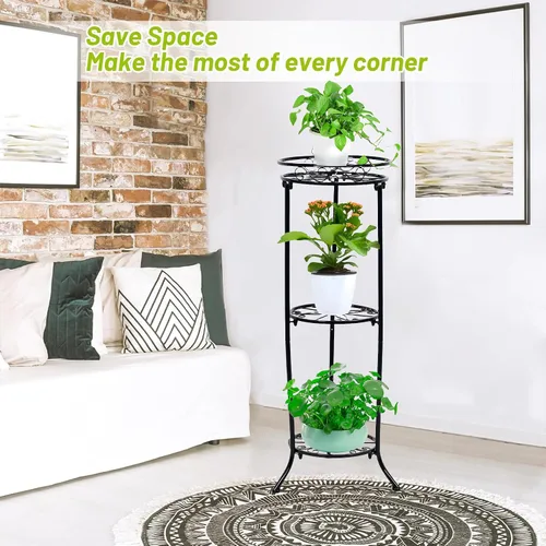 Miniatura 2 de FAMZ Soporte para plantas para interiores y exteriores, 3 niveles de alto, soportes de metal negro para plantas, estante redondo de 35 pulgadas