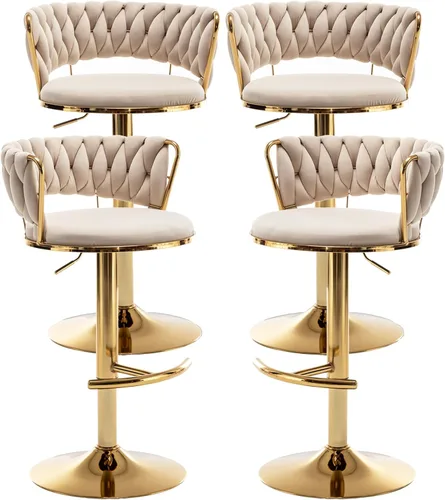 Miniatura 20 de Taburetes de bar dorados juego de 2, taburetes de bar de terciopelo giratorios con respaldo tejido, taburetes ajustables para isla de cocina, Beige