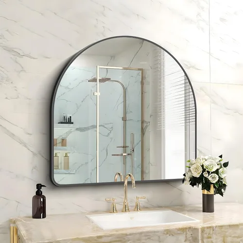 Miniatura 38 de FORBATH Espejo de baño arqueado de 16 x 24 pulgadas, espejo de baño negro montado en la pared, moderno marco de aleación de aluminio, espejo de arco