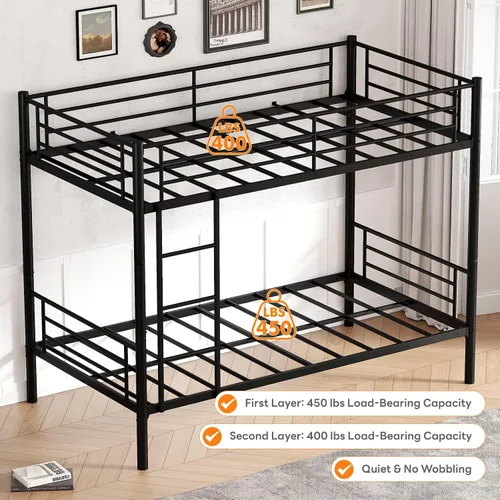 Miniatura 6 de Bellemave Litera de metal de tamaño individual sobre individual, literas resistentes con barandilla y escaleras para niños, adolescentes y adultos