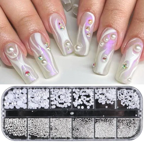 Miniatura 6 de 1 caja/12 rejillas para arte de uñas, perlas blancas para uñas, cuentas de perlas semicirculares, pequeñas cuentas de acero inoxidable, cuentas
