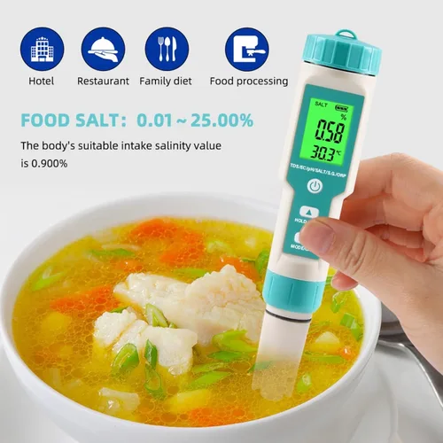 Miniatura 6 de Probador 7 del agua de la piscina de Digitaces en 1 prueba libre del probador del pH y de la sal del cloro el parámetro crítico PH/TDS/sal/ORP/S.G