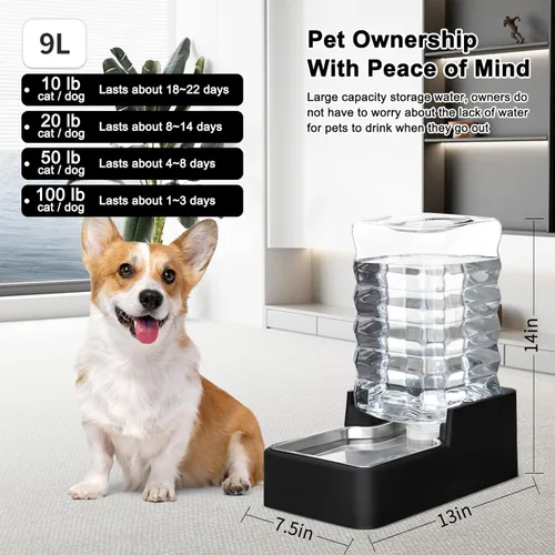 Miniatura 2 de RIZZARI Comedero automático de agua para mascotas de acero inoxidable: Dispensador automático a prueba de fugas por gravedad de 8.5L en color negro
