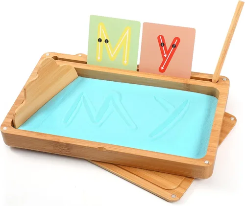 AtMini Bandeja de arena para aula, bandeja de arena Montessori con tapa, bandejas de arena de madera para niños, letras y números (azul)
