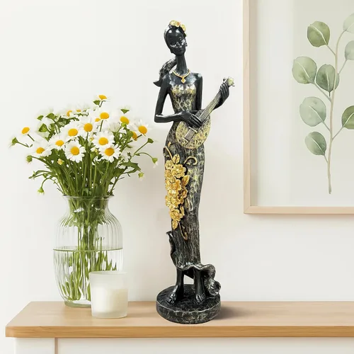Miniatura 5 de Lescafita Mujer africana con estatua de resina de laúd – Figura de escultura musical tribal hecha a mano – Decoración cultural afrocéntrica