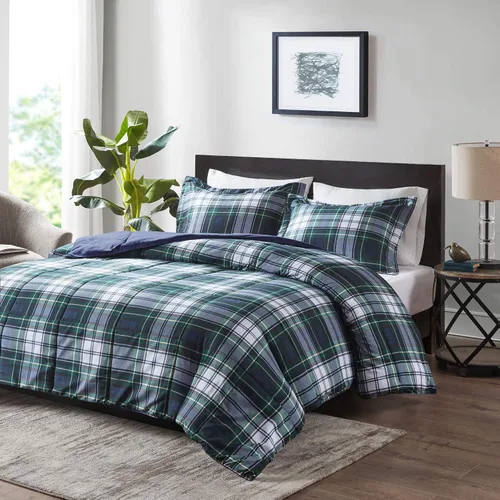 Madison Park Essentials - Juego de ropa de cama con edredón a cuadros Parkston, funda a juego, cubierta antimanchas Scotchguard 3M, hipoalergénico,