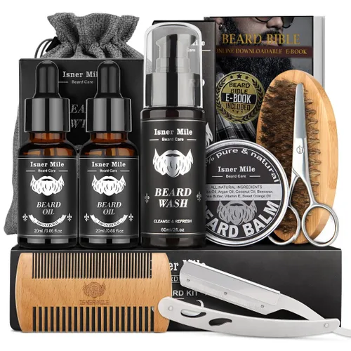 Kit de cuidado de barba para hombres: con champú para barba - aceite - bálsamo - cepillo - peine - tijeras y bolsa de almacenamiento, Día del Padre