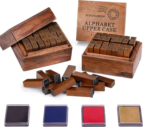 Sellos de letras, 56 sellos del alfabeto con semanas y clima, sellos de números con estuche de madera, sellos de madera con símbolos vintage con