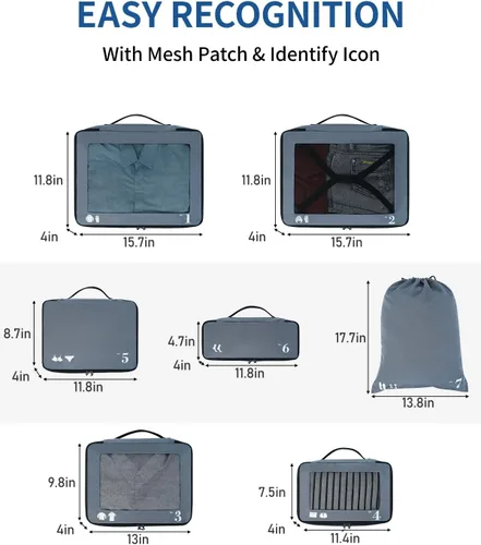 Miniatura 6 de ECOHUB Juego de 7 cubos de equipaje resistentes al desgarro con icono de número para accesorios de viaje, equipaje maleta, cubos de embalaje