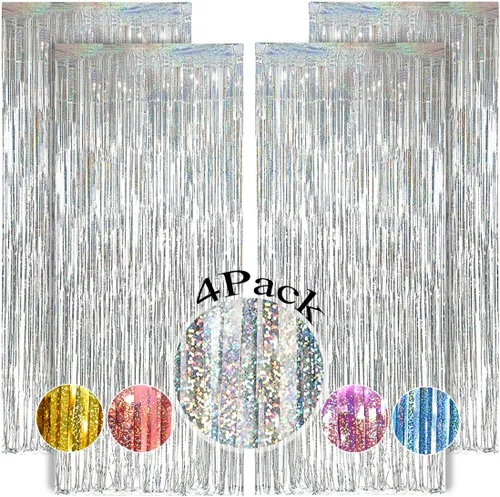Paquete de 4 cortinas de flecos plateados de 12.8 x 8.2 pies, cortinas de flecos de oropel metálico brillante, cortina de fondo de oropel plateado,