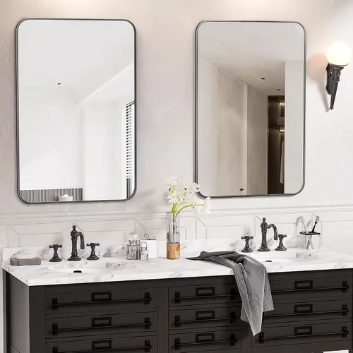 Miniatura 3 de Antok Espejo de baño con marco de metal negro de 22 x 30 pulgadas, espejo de pared con esquinas redondas, espejo de tocador para sobre el fregadero