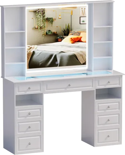 Miniatura 8 de Wildhome Escritorio de tocador de maquillaje con espejo y luces, mesa de tocador grande de 47 pulgadas con 9 cajones y 10 estantes de almacenamiento