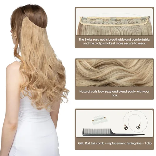 Miniatura 3 de SARLA Extensiones de cabello con alambre invisible con 3 clips, postizo sintético corto, ondulado, rizado, diadema ajustable transparente
