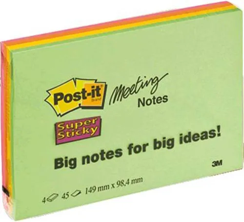 Post-it Notas grandes superadhesivas, paquete de 4 blocs, 45 hojas por bloc, 5.984 in x 3.976 in, colores verde, amarillo, naranja, rosa, notas