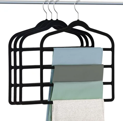 DUDUCOFU - Perchas de terciopelo antideslizantes que ahorran espacio para pantalones, paquete de 4 perchas negras de múltiples capas para ropa, Negro