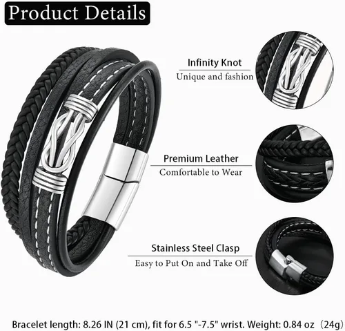 Miniatura 6 de Pulsera de cuero con nudo para hombre, estilo vintage, elegante, acero inoxidable 316L, infinito, joyería elegante y genial para hombres, padre