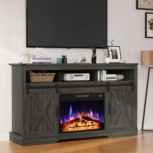 RoyalCraft Soporte de TV con Chimenea para TV de 65+ Pulgadas, Centro de Entretenimiento Estilo Granja de 34" de Alto con Chimenea Eléctrica de 23",
