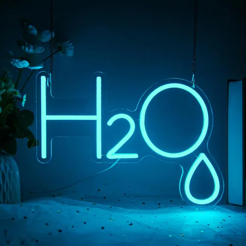Letrero de neón de agua para decoración de pared, luz de neón LED de molécula H2O azul hielo para dormitorio, residencia estudiantil, laboratorio,