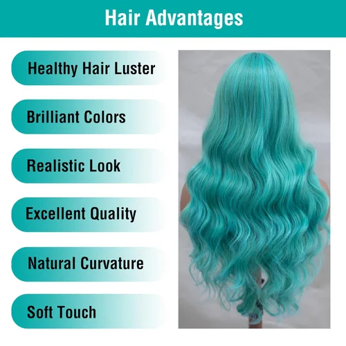 Miniatura 3 de Pelucas de encaje frontal de color azul y verde, pelucas de ondas sueltas para mujeres de moda, resistentes al calor, pelucas rizadas naturales
