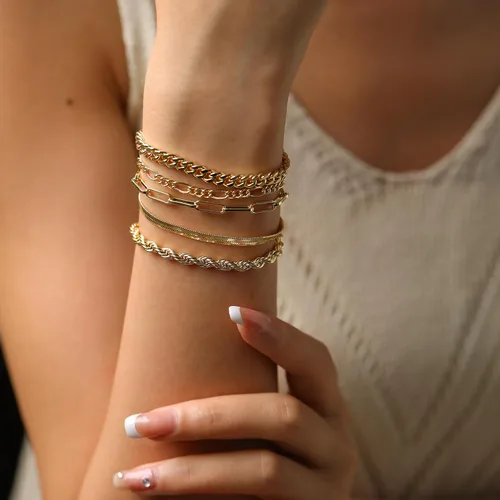 Miniatura 5 de Pulseras de oro para mujer, juego de pulseras en capas de oro de 14 quilates, delicadas cadenas de espiga de espiga, pulseras cubanas de oro