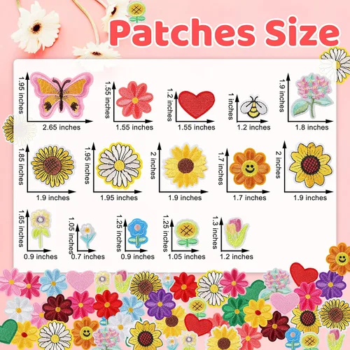 Miniatura 3 de NICEVINYL Parches aleatorios para planchar en la ropa: 120 unidades con diseños de flores y corazones, parches con mariposas lindas bordadas