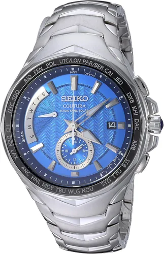 SEIKO SSG010 Watch for Men - Coutura Collection - Radio Sync Solar Chronograph, Two-Tone Stainless Steel Case & Bracelet, Black Dial with Lumibrite