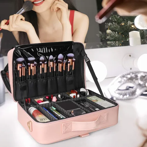 Miniatura 8 de Relavel - Estuche de maquillaje grande, bolsa de maquillaje profesional, estuche de tren de 16.5 pulgadas, organizador de cosméticos de viaje, Rosa