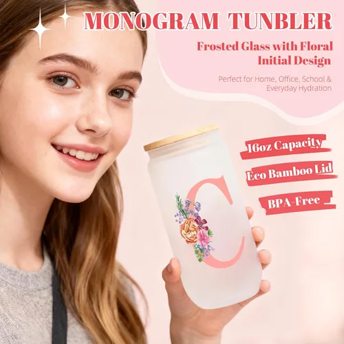 Miniatura 3 de Regalos de cumpleaños para mujeres – Caja de regalo personalizada con inicial con taza de vidrio con monograma, coleteros para el cabello y clip