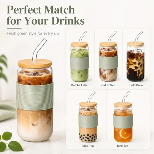 Miniatura 7 de Taza de bambú de vidrio de 16 onzas con tapa y pajita, juego de tazas de café de vidrio de 16 onzas, batido, cerveza, jugo, matcha, vasos estéticos