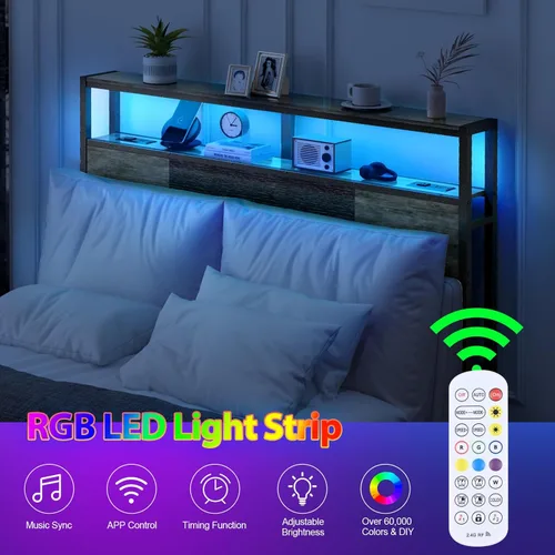 Miniatura 5 de Livofloral Cabecera de tamaño completo, cabeceros con estación de carga, puerto USB y luz LED, tablero principal con estante de almacenamiento de 2
