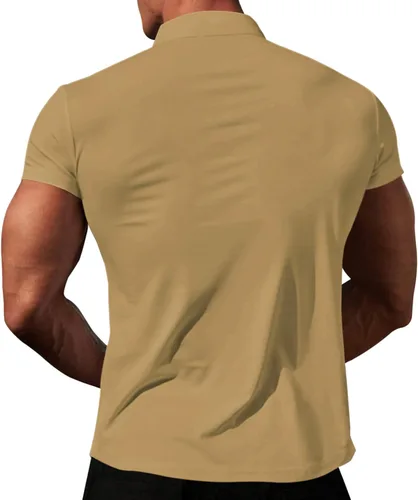 Miniatura 3 de LOGEEYAR Camisa polo de manga corta con cuello en V y cremallera para hombre, corte ajustado, camiseta atlética Henley