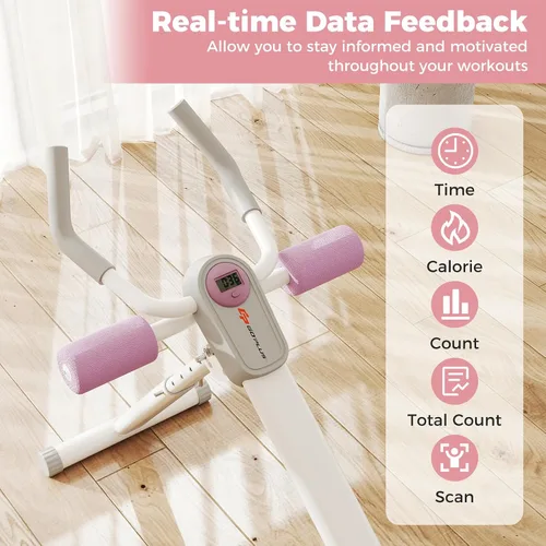 Miniatura 4 de Goplus Máquina de entrenamiento abdominal ajustable, equipo de entrenamiento plegable para abdominales con protección de rodilla, monitor LCD, Rosa
