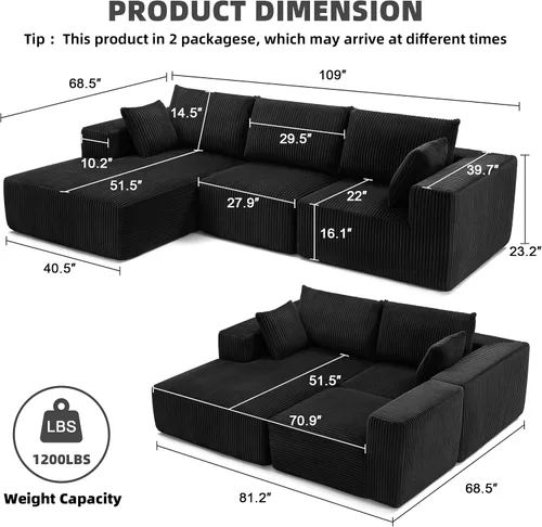 Miniatura 3 de Sofá modular de 108 pulgadas, sofá modular de nube con asiento profundo, moderno sofá modular en forma de L con diván, sofás tapizados sin hueso