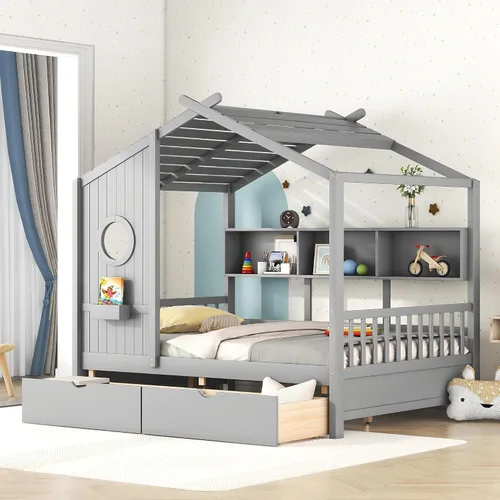 Miniatura 11 de MERITLINE Montessori - Cama de casa de tamaño individual con 2 cajones y estantes de almacenamiento, marco de cama de madera para niños, tienda